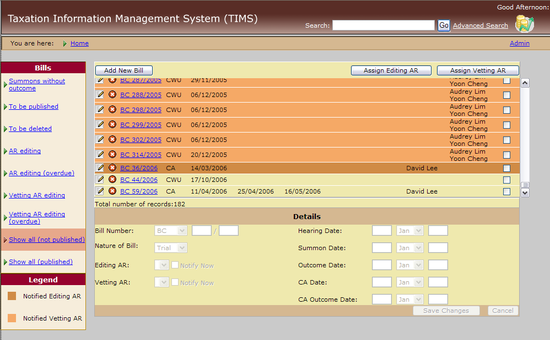 TIMS, user interface